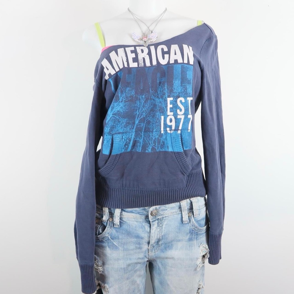 y2k american eagle blue graphic hoodie top